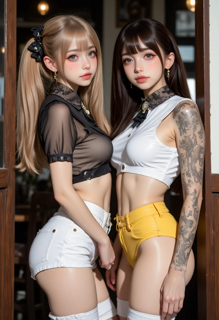 2 brunette Girls, Beautiful, Baby symmetric Face, 17 Years Old,,enormous Breasts ,((neglected )),,((very nsfw))((wearing punkrock outfit, tattoos and piercings and jewelry)) long blonde curly and wavy golden Hair tied in a ponytail, adorable masterpiece ((yellow honey colored eyes)) , very thick hourglass figure body, closeup view ,,both looking at viewer.
