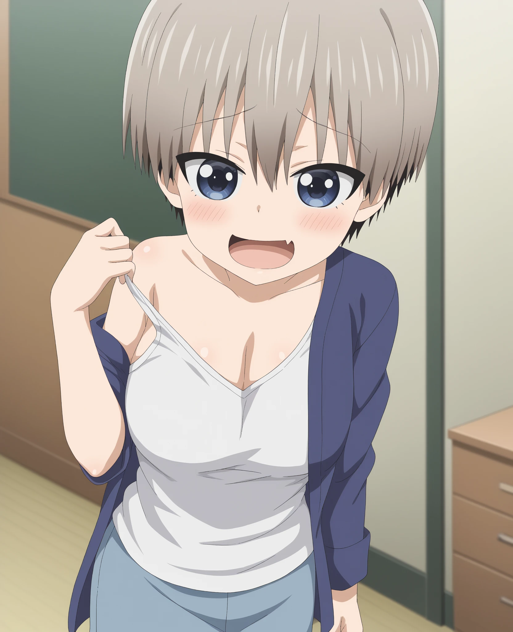 1 girl,宇崎花,short hair,blue eyes,bangs,gray hair,hair between eyes,exquisite visuals, High resolution,masterpiece,highest quality,1girl,masterpiece, expensive quality, very_expensive_solve, big_file size, full color,(completely nude:1.2),pussy,niplles,(loli kid),spread legs,(vaginal sex:1.2),cowgirl position,