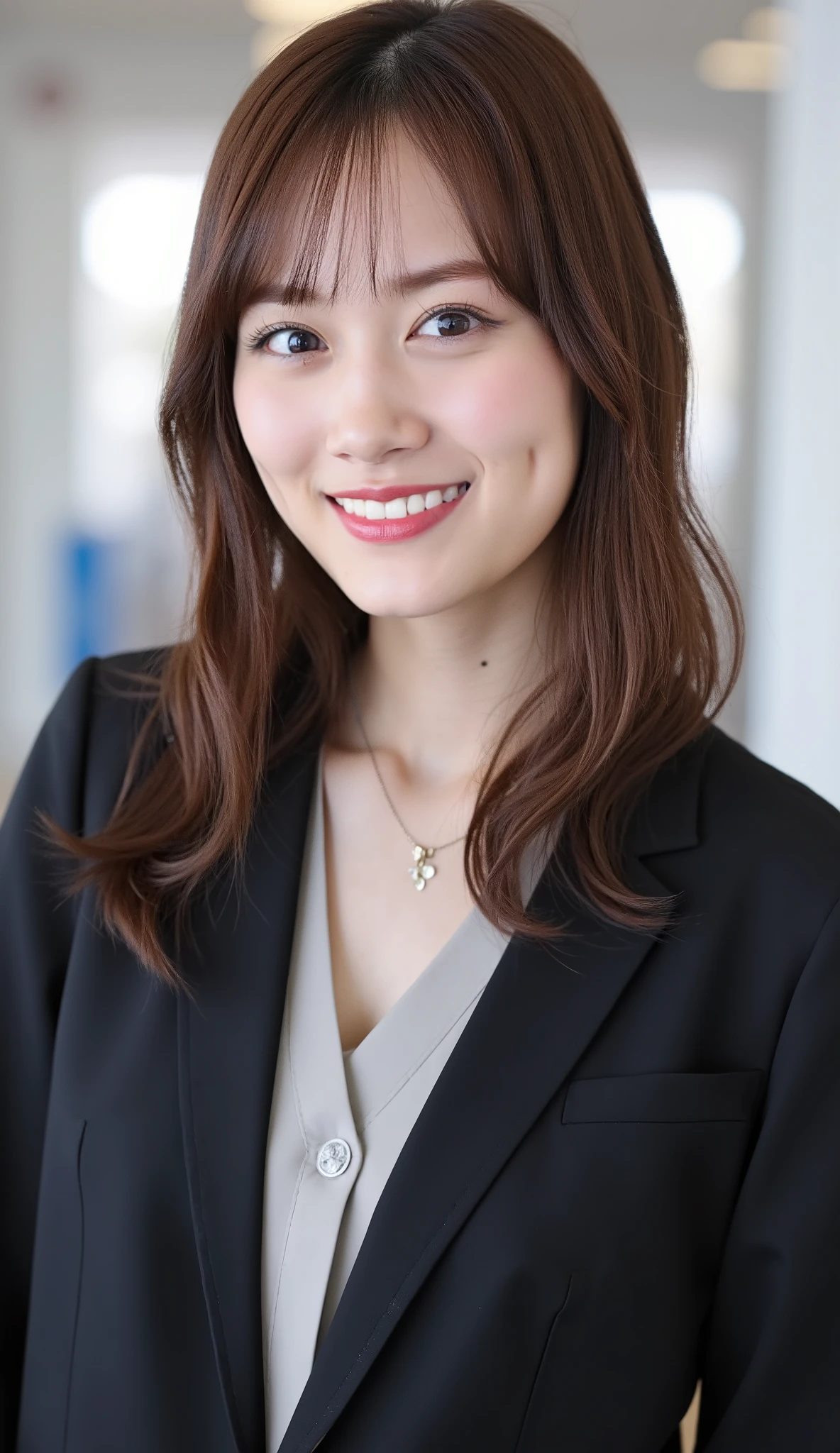Neat Young Woman、and look at the camera、office lady suit、jacket、shirt、necklace、ear piercing、 pale brown hair、、smile showing teeth、、background is office