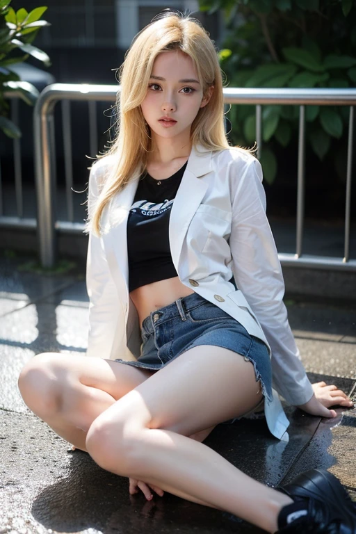 Sexy and very beautiful cute face、shiny beautiful skin、White beautiful skin、(Beautiful pale light blue eyes:1.3), Beautiful very long blonde hair、(blondehair:1.3)、Lots of sexy bangs、18 years old cute little face beautiful girl、Thick long T-shirt、(Thick black long shirt:1.2)、casual pants、(dynamicposes:1.2)、Street、(natta:1.3)