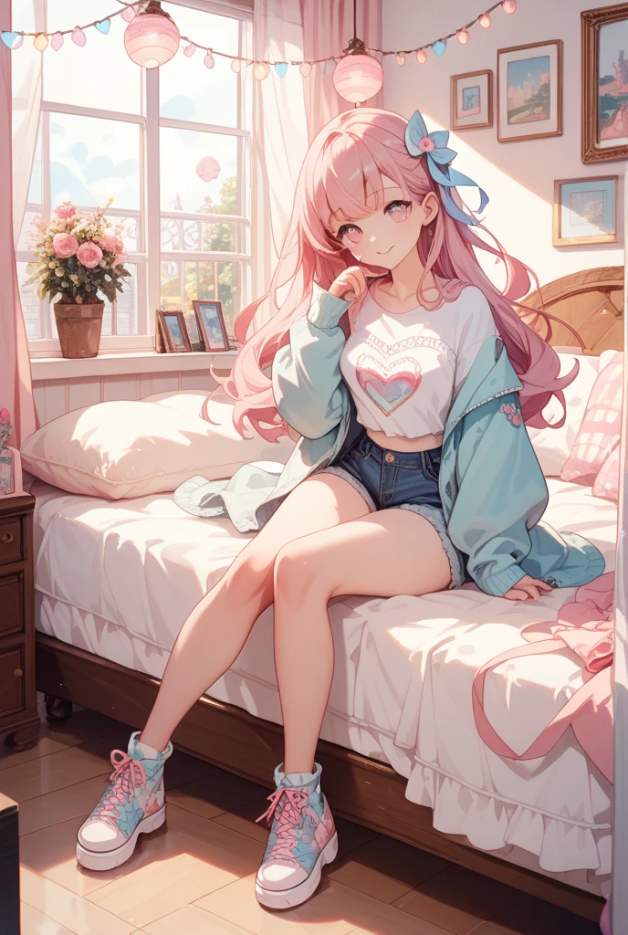 (Masterpiece, top quality, absolute resolution, real stick, realistic materials and textures, perfect anatomy),
BREAK
Subject: Photo girl
Subtitle: Junior high school girls, thighs, small, cute, Kigurumi pajamas
BREAK
pink kawaii room , pink gothic room, messy room, Marchen, macarons, Candy, heart item, ribbon,star item, small window, (Miscellaneous goods are placed in a mess:1.3),dresser, antimacassar ,
