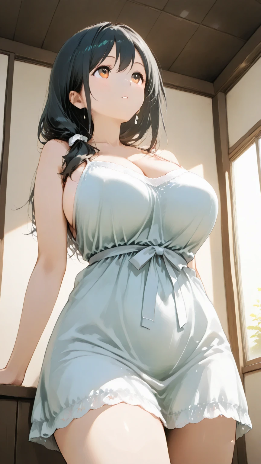 (8k, RAW photos, top quality, masterpiece: 1.2), (realistic, photorealistic: 1.37), (High Quality), (Ultra realistic), (High Details), (Face detail), (Shadow Detail), (big breast : 1.5), (17yo), Looking at viewers, 1 girl, solo, Purple eyes, Black hair, Long hair, Pink Lips, Extreamly Face Detailed, White Tanktop, Hinata - Naruto the last, Bathroom