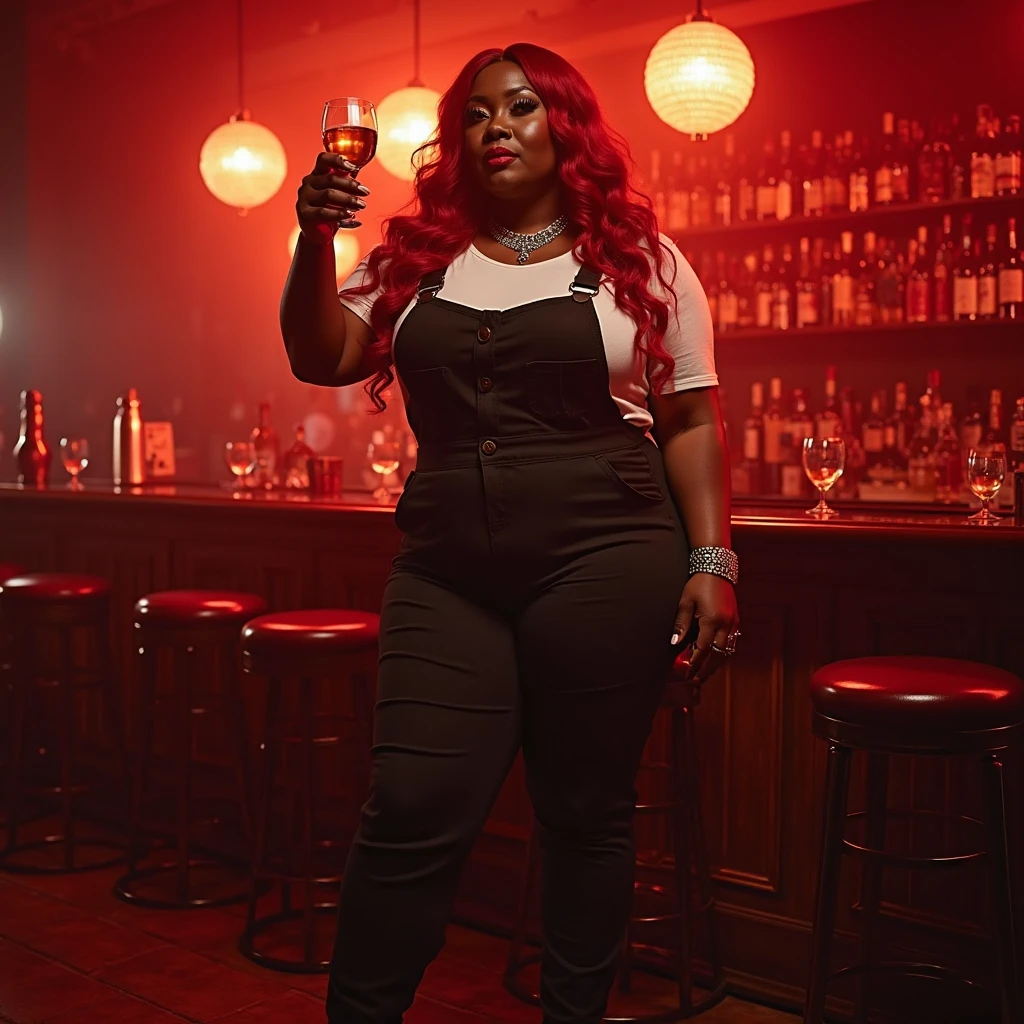 Pale skinned slender white woman very flat chested long wavy bright red hair, dark blue eyes, (wears clothes with queen of spades logo on them), (sitting legs spread on a barstool:1.6), (always surrounded by many black men in street clothes:1.7), (in a dark bar room:1.5), bartender in a dive bar