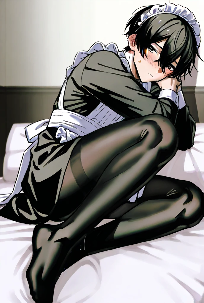 score_9_up, score_8_up, score_7_up, 1girl, solo, mature female, Himeo, black short hair, black eyes, right eye closed with eyepatch, pink lips, parted lips, fit slim body, perfect medium erected breast, (((black blazer, white shirt with black tie, black pants))), (((higly detailed modern luxury bedroom))), looking at the viewer, rose cheeks, naughty smile, bend over the bed and showing her ass, looking back, from behind