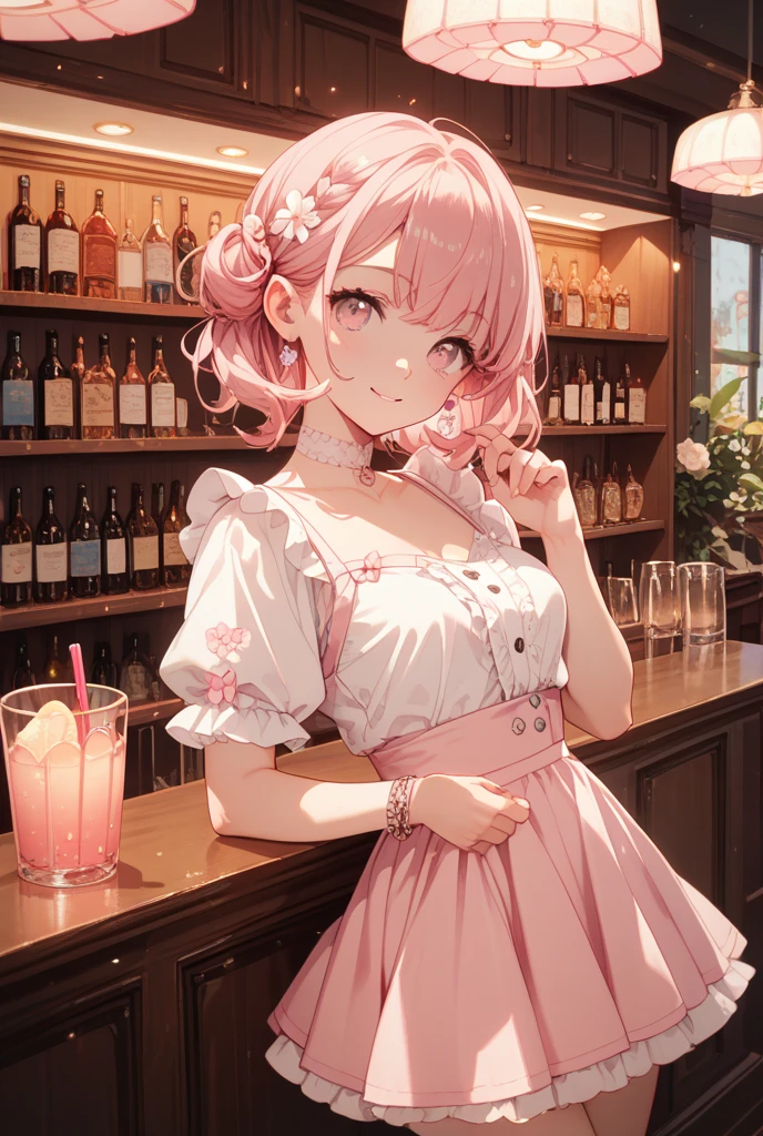 (Masterpiece, BestQuality:1.3), (ultra detailed:1.2), (hyperrealistic:1.3), (RAW photo:1.2), High detail RAW color photo, professional photograph, (Photorealistic:1.4), (realistic:1.4), (Pink Hair:1.5), professional lighting, perfect anatomy, (Big Breasts:1.2), (blush, detailed face), (cheerful Smile:1.5), Trending Hair&Trending Hairカラーをランダムに, earrings, necklace, bracelet, sexly, erotic sexly, Random sexy gravure poses, (White blouse with red checked skirt、Cafeteria in the background、A pose that emphasizes the bust and drinks a smoothie。: 1.3)