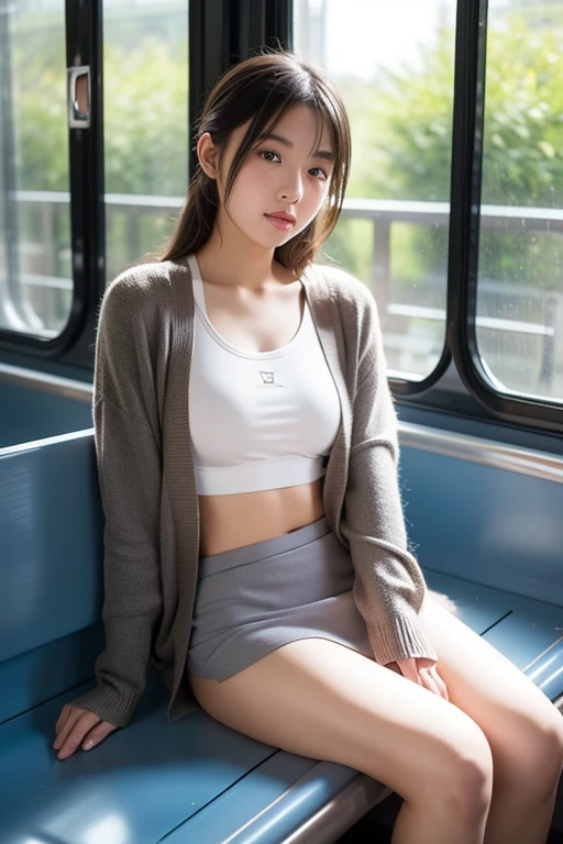 ((Best of the highest quality, 8k, Masterpiece: 1.3, raw photo)), Sharp focus: 1.2, (1 AESPA girl: 1.1), (Solo: 1.18), (realistic, photo-realistic:1.37), face focus, cute face, finely eyes, (Small breasts, flat chest, Thigh: 1.3), (nude, school skirt, bra top, from below: 1.2), short messy hair, updo, (sitting spread legs: 1.2), terminal, airport, flower