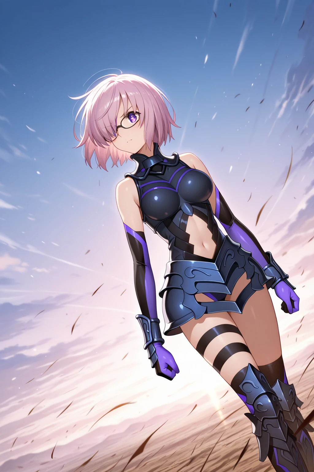 mash_kyrielight(fate_grandorder), 1girl, masterpiece、top-quality、Black Leotard、Purple eyes、Pure、{{downy}}、ssmile、{seminude}、crotch、小柄、blue-sky、