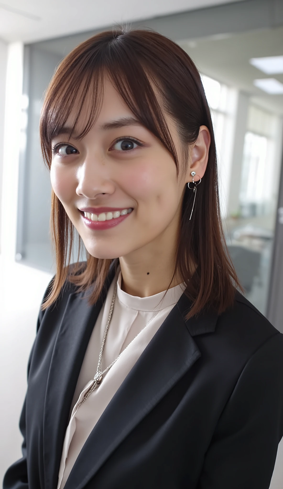 Neat Young Woman、and look at the camera、office lady suit、jacket、shirt、necklace、ear piercing、 pale brown hair、、smile showing teeth、、background is office