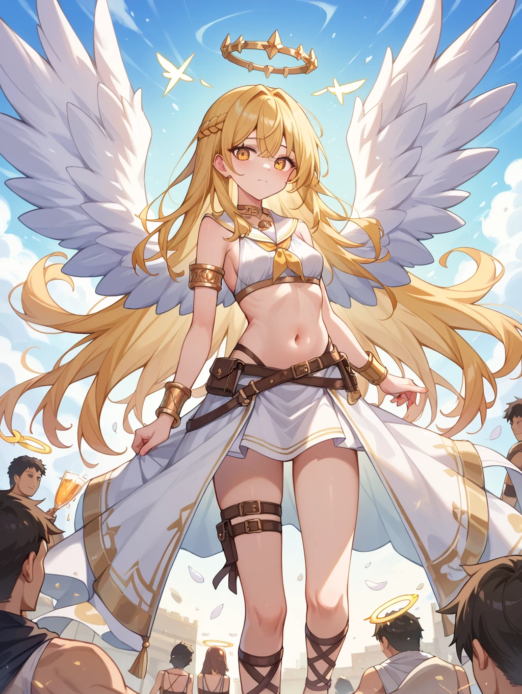 (Masterpiece), best quality, high resolution, Bell Dandy, long hair, blue eyes, brown hair, facial mark, Forehead marker, glove, wings, Neck throttle, bracelet, rings, body hair, angel wings, View from the side:0.6, (Forrest:1.1), stand, 20 age, Happy new years, rocket, nighttime