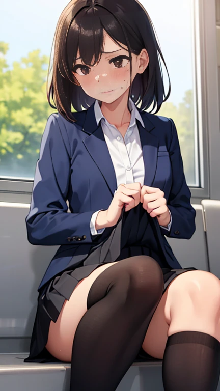 Black hair short, short clothes with white collar sleeves, blue shorts, black pantyhose, girl, outdoor