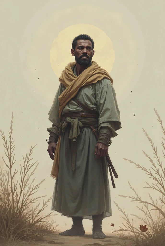A painting of a young man in a dark wheatfield, Ethiopian medieval peasant, survivor, scuffed face, sad painting, empty defeated eyes, meek, frail, very gaunt, in a golden field at night, empty night sky, pitch-black sky, charcoal colored sky, very tall field, crouching/hiding, petrified, crude art, paint streaks, very low visibility, eerie, close up, messy painting, horrified eyes, hiding in wheat field, midnight, bandages covering stump, missing arm, wounded, plagued, long scruffy hair, scuffed garments, no cowl, scruffy black beard