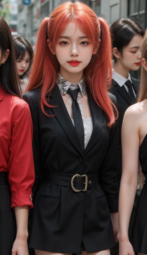 Short Caucasian demon girl with really red hair, red eyes, and striking elegant conservative red and black suit. A sleek, form-fitting red and black suit that accentuates her. Intricate patterns and embellishments that hint at her demonic nature. Melony is a demon who revels in causing horrible chaos and destruction. Suit, business suit, pants, suit, red black suit, red black pants, covers all, conservative, modest