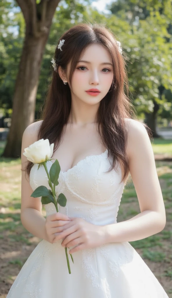 Beautiful black-haired girl with brown eyes and long hair in elegant white dress with flowers in a house photo shoot