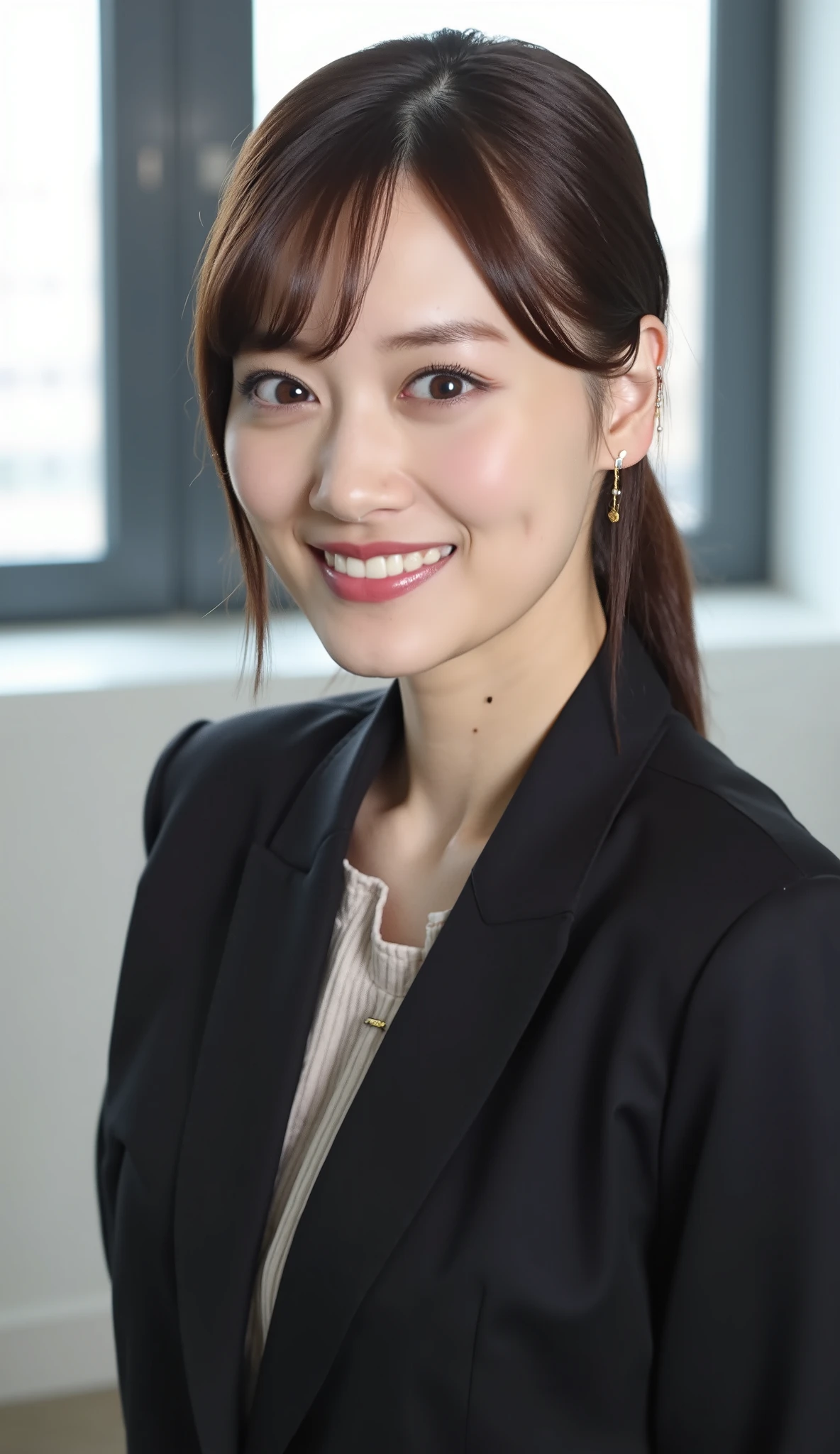 Neat Young Woman、and look at the camera、office lady suit、jacket、shirt、necklace、ear piercing、 pale brown hair、、smile showing teeth、、background is office