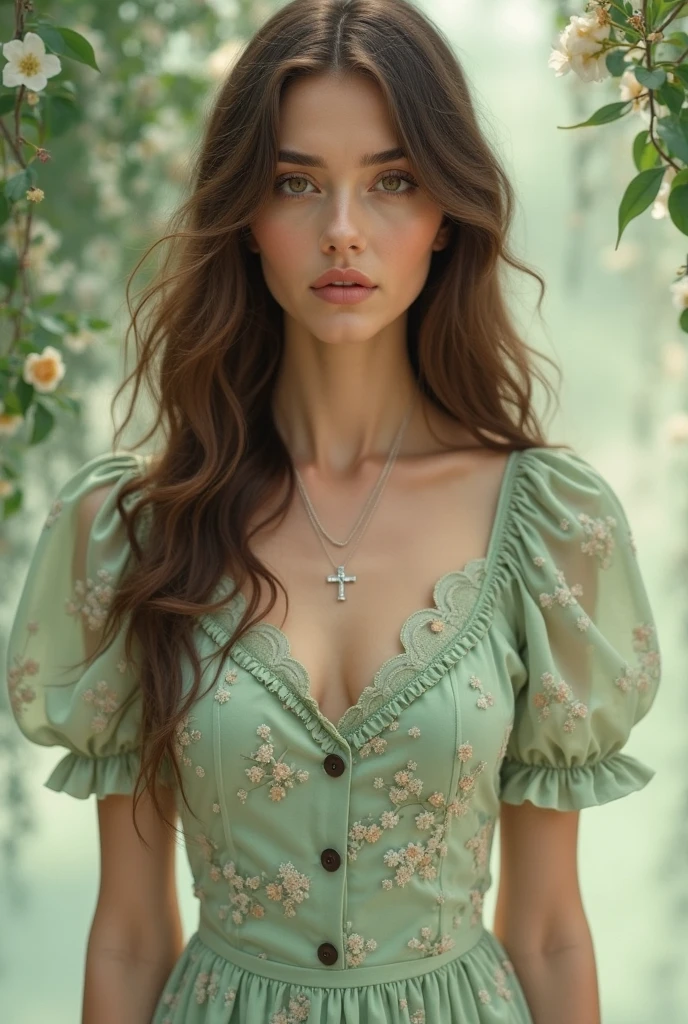 visage extrêmement détaillé, Longs cheveux bruns, vêtements élégants, expression confiante, debout dans un jardin animé, entouré de fleurs colorées et de feuillage vert, avec la lumière du soleil l&#39;éclairant par derrière, créer une atmosphère douce et chaleureuse, la représentant dans un style réaliste, showcasing the couleurs vives of the flowers and the intricate details of her face and clothing, avec une touche d&#39;effet bokeh pour ajouter de la profondeur et de la dimension à la scène. (Meilleure qualité, 4k, haute résolution, ultra-détaillé, Photoréaliste), (portraits, nature, couleurs vives), (tons chauds, bokeh), (éclairage de studio, netteté), (professionnel).