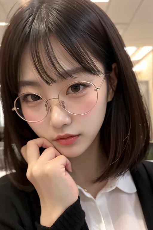 8K,woman,whole body,shortcut,Glasses,30 years old,Red suit style,scarf,Purple White Pink,