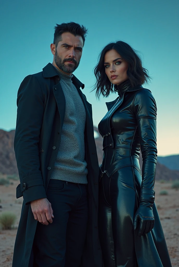 Sweaty sensual betty page eyes closed looking girl with and blue eyes and black leather coat soft black gloves and a skirt holding her breast with a man behind her on the edge of a montain and the photo is taken from up front 