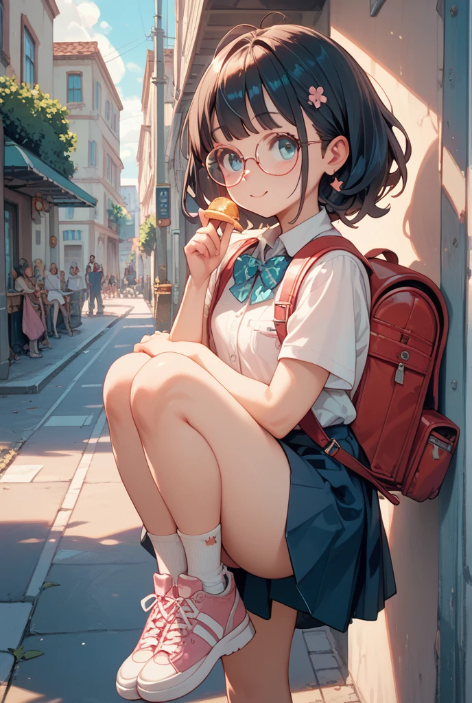 masterpiece, highest quality, Official Art, 8k wallpaper, Very detailed, figure, Small 1 person girl cute, with cute makeup, black Hair, Wide Hips, Big Ass, Round ass, WEAR COOL SHOES, with black glasses, wear Tight pencil skirt, and wear black bikini, Backpack, Are standing, From the back, From the back, face surprised. FOCUS ALL BODY VIEW.