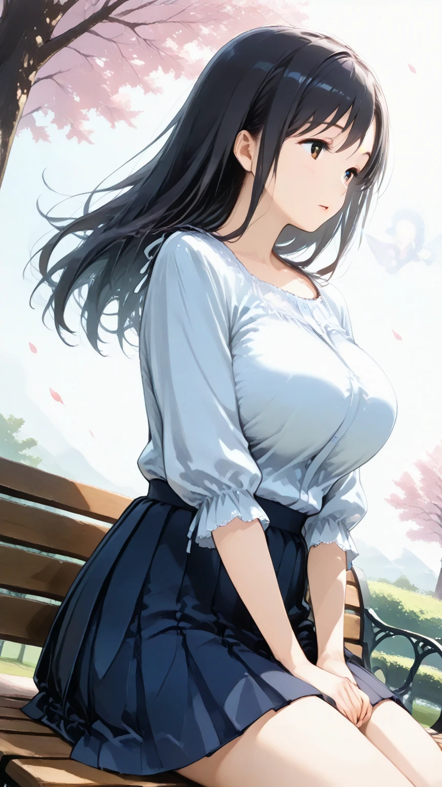 20 year old woman、(masterpiece:1.4)、(highest quality:1.4)、ultra high resolution、anime style、black long hair、Round earrings、White long-sleeved collared shirt、Dark blue long skirt、(huge breasts:1.2)、red face、smile、whole body、sunrise、mountaintop、deep shadow lighting、cloud、bird