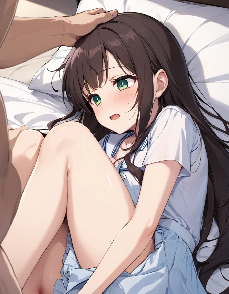 ((1girl, 1boy, penis, sex, pussy, solo focus, spread legs, vaginal, anal, pov, missionary, on back)), masterpiece, best quality, ultra detailed, bedroom, on bed, blush, Black Hair, Long Hair, (trembling:1.3), rolling eyes, ahegao, tongue out, drooling, saliva, sweat, blush
