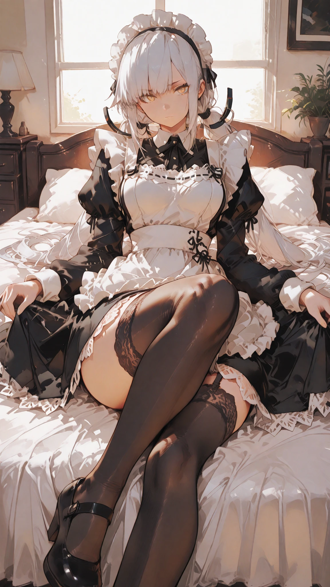 Top quality, 8K, masterpiece, Top image quality, nothing, Super Detail, Ultra high quality, (Skin is delicate and smooth, Real skin, Perfect beautiful face ,perfect cute face, High Detail Skin, Perfect limbs)),,(((1 girl)),Ray tracing,(Dim Lights),[Detailed background (bedroom)),((Silver Hair)),((Silver Hair)),(Fluffy Silver Hair, plump slim girl)) High ponytail)))) Avoid blonde eyes in the ominous bedroom ((((Girl wears exquisitely embroidered black high-waisted pants with pantyhose) and white ruffled bow gloves), Show off your exquisite figure and graceful curves, correct limbs, Sitting on the bed