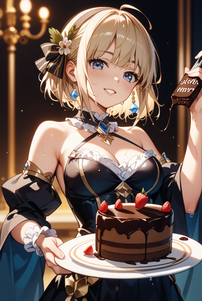 Evening, birthday girl, light yellow hair, yellow eyes, (indoors), (behind the table), ((birthday cake))), (hands on chest), smile, glowing light
