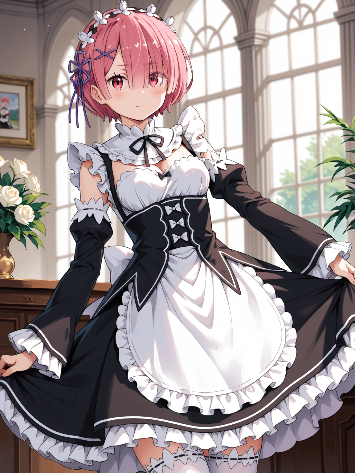 (((Pixel Perfect, Perfect detail))), by 2 person, 1 Girl, memory, Roswaal Mansion maid outfit, Maid Tiara, Looking at the audience,(Disgust,anger) Shut your mouth.,(Big skirt flip:1.3),To the navel,No panties,Love juice
