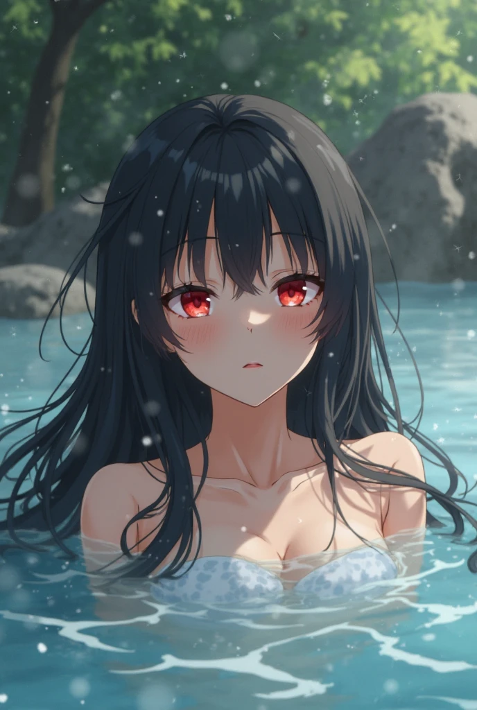 White hair band、Red eyes、Black Hair、Yor Briar、water surface、Lying face down facing the camera、One Girl、water surfaceで寝そべっている、