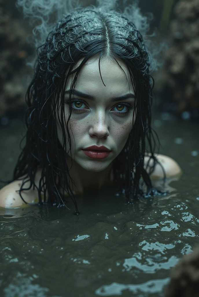 30 yr old lady, bare shoulder, sweaty skin droplets, shoulder off, red lips, wet hair, medium shot, rainy short dark cinematic, cleavage visible, fantasy attire, in a grotto, full cinematic shot