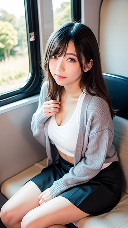 (Masterpiece, High Definition, Ultra High Definition, 4K) Brown hair, even skirt, emphasizing thighs, white thighs, soft thighs, shiny thighs, sitting on the train, face-to-face angle, (bottom angle), sitting on the train seat, sitting in front, camera zoom in the groin, feet on the train floor, whole body, looking down and sleepy, looking only at the viewer," best quality, ultra high definition, (photorealistic: 1.4),, high resolution, detail, raw photo, sharp re, nikon d850 film stock photo by Lee Jefferies 4 kodak portra 400 camera f1.6 lens rich colors hyper realistic animated textures dramatic lighting unreal engine artstation cinestir 800 trends,