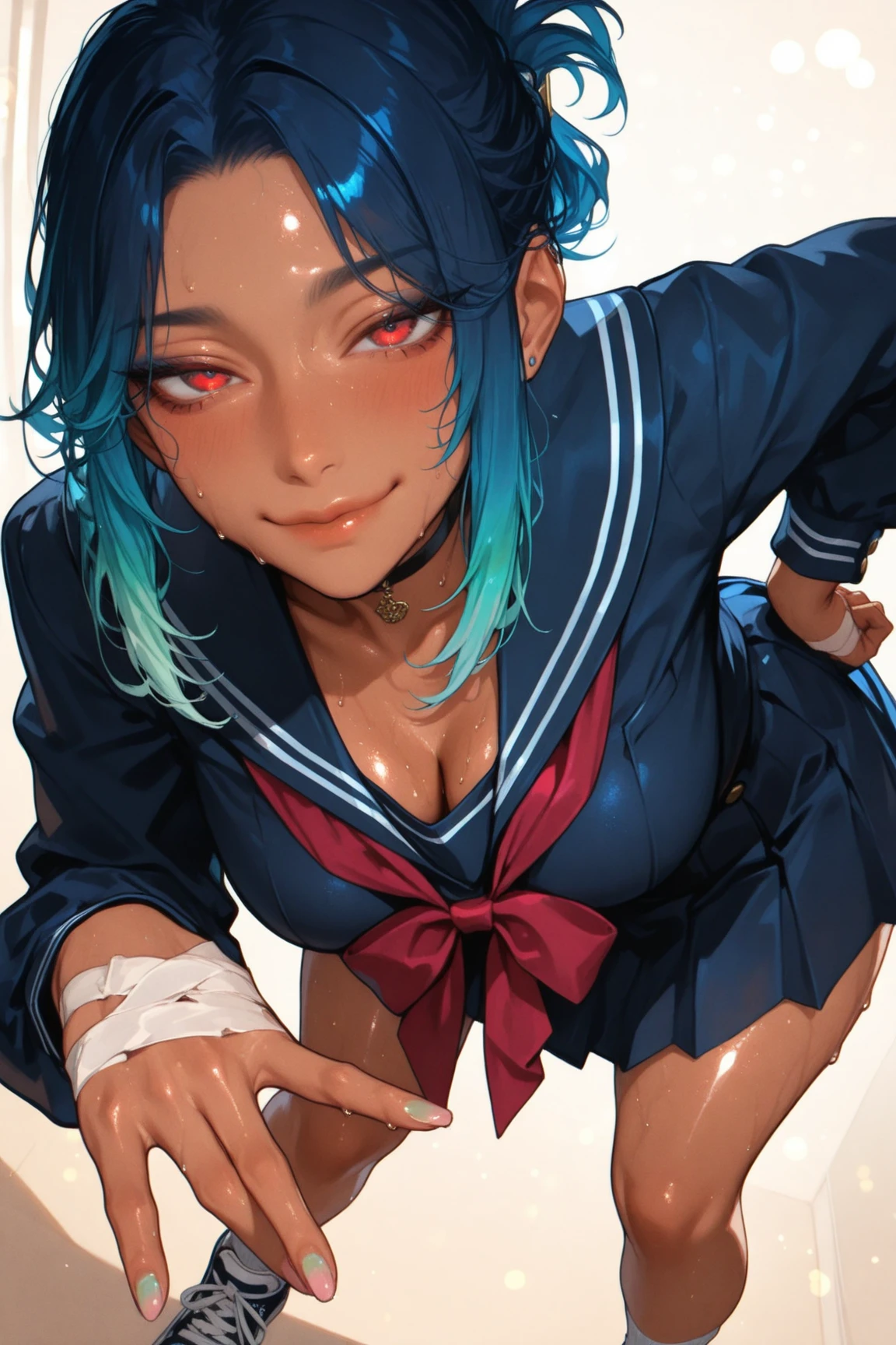 a surprised female artist finger painting and is messy and wearing paint-stained clothes, the artist suprised because she did not know the viewer was there, 1girl, looking surprised at viewer, (detailed hands and fingers:1.4), model shoot, (nsfw:1.2), full shot body, accent lighting, embarrassed, detailed blue eyes, eyeshadow, 20 years female, sexy, lace shirt, (arched back:1.2), cleavage, (open shirt:1.4), miniskirt, panty peek, pink cotton panties, (paint brush:1.1), paints, easel, painting a nude woman on canvas, (colorful red yellow green paint dripping on skin:1.2), (messy red yellow blue body paint), (colorful blue green orange paint stains on shirt and skirt:1.4), palette, leaning on the table, purple hair, braid, twintails, (high erect nipple:1.3), red lips, pouty lips, (hand on hip:1.2), professional, surprised to see you, looks surprised, did not think anyone was watching, trending on ArtStation, Intricate, High Detail, Sharp focus, dramatic, photorealistic painting art by larry elmore, fine details, illustration, masterpiece, best quality, high-res, exquisite detail, pretty face, detailed face, high resolution, (aburdres:1.4), aburd res, high quality, best quality,, 8k, 4k, intricately detailed, (amazing details:1.2), highly detailed skin, (detailed eyes:1.2), striking eyes, (detailed background), (dynamic angle:1.2), (dynamic pose:1.2), (Line of action:1.2),