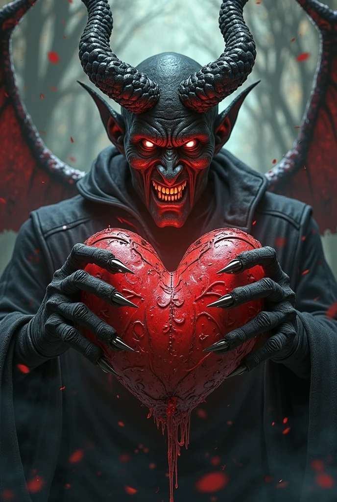 Create an image with a DARK theme featuring a skull surrounded by red gargoyles flying within a playing card. The card has white borders and golden letters. The skull and gargoyles should be depicted in a dark and eerie style, contrasting against the light background of the card.