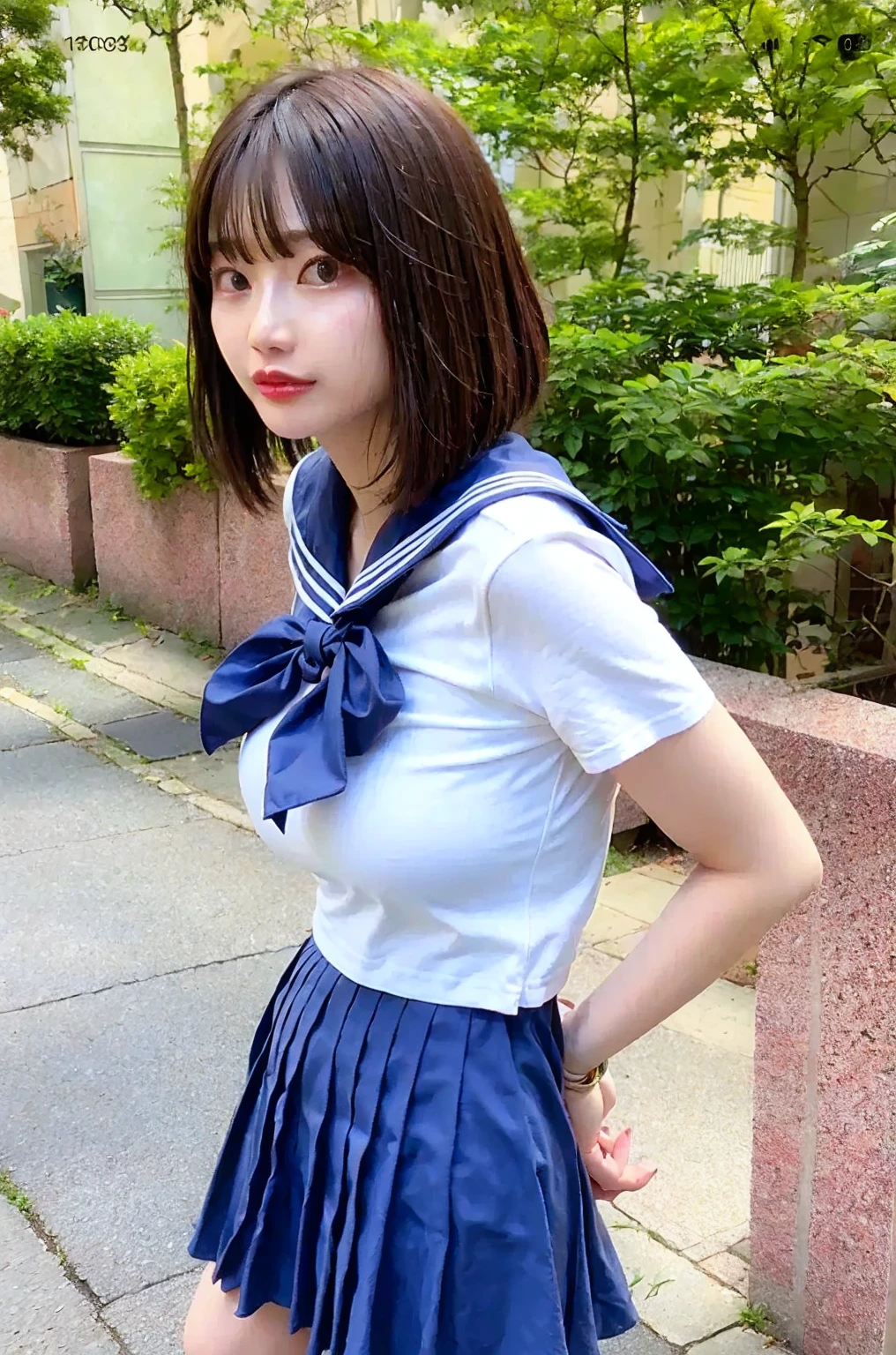 Girl in front of old Japanese train station,White sailor school shirt,Navy blue high waist pleated skirt,Hair adorned with a thin crimson ribbon bow,Bag,18 years old,Bangs,a little smile,knees,short hair,low ponytail,20 from below:15:Pink hair expires in 12 13 days, halo, horns, multicolored eyes, long pointy ears, mouth hold, Surrealism, Fujicolor, Suprematism, 8k, super detail, 16k, best quality, highres, UHD, masterpiece