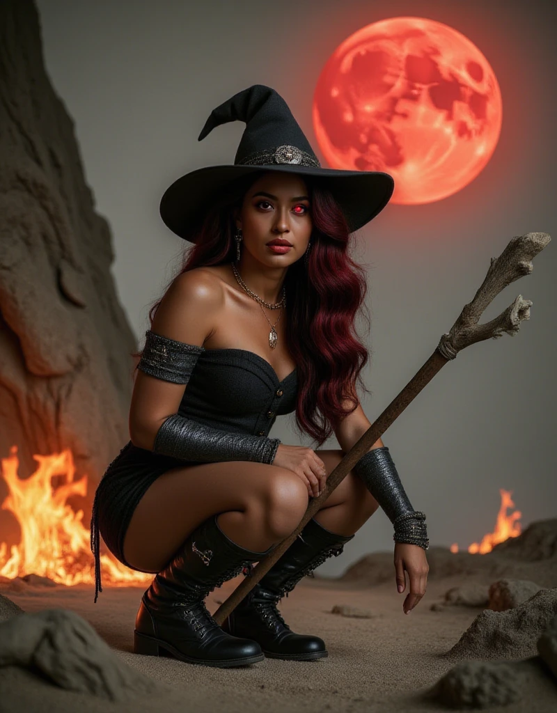 Long panoramic shot of a sexy and beautiful Halloween Witch, (((con cabello negro lacio))), fotorealista, fotorealismo, unzoom, gorro completo, lineas perfectas, rostro realista, intrincado, Detallado, digital SLR camera , 8k UHD, negros profundos, , prominent mammary glands