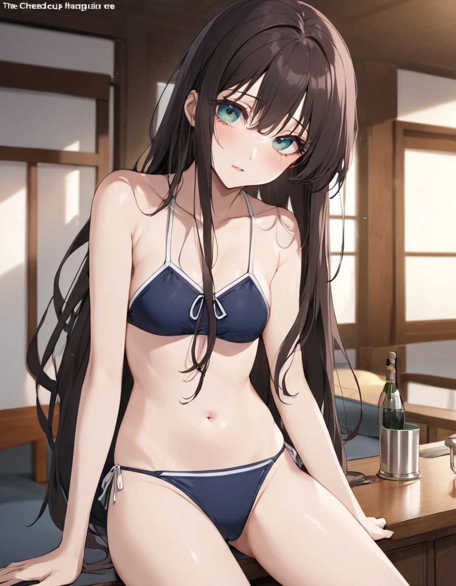 long_hair, black_hair, ribbon, two_side_up, hair_ribbon, blue_eyes, brown_hair, flat_chest, solo. bikini