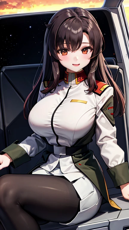 masterpiece, best quality, High resolution, Calm 1, 1 girl, alone, (Black_pantyhose:1.1), army uniform, army, cosmetics, White shirt, White Skirt, tight skirt, sitting, Upper Body, cockpit, space, Smile,Huge Breasts,cleavage,Unbutton your shirt,Sexy