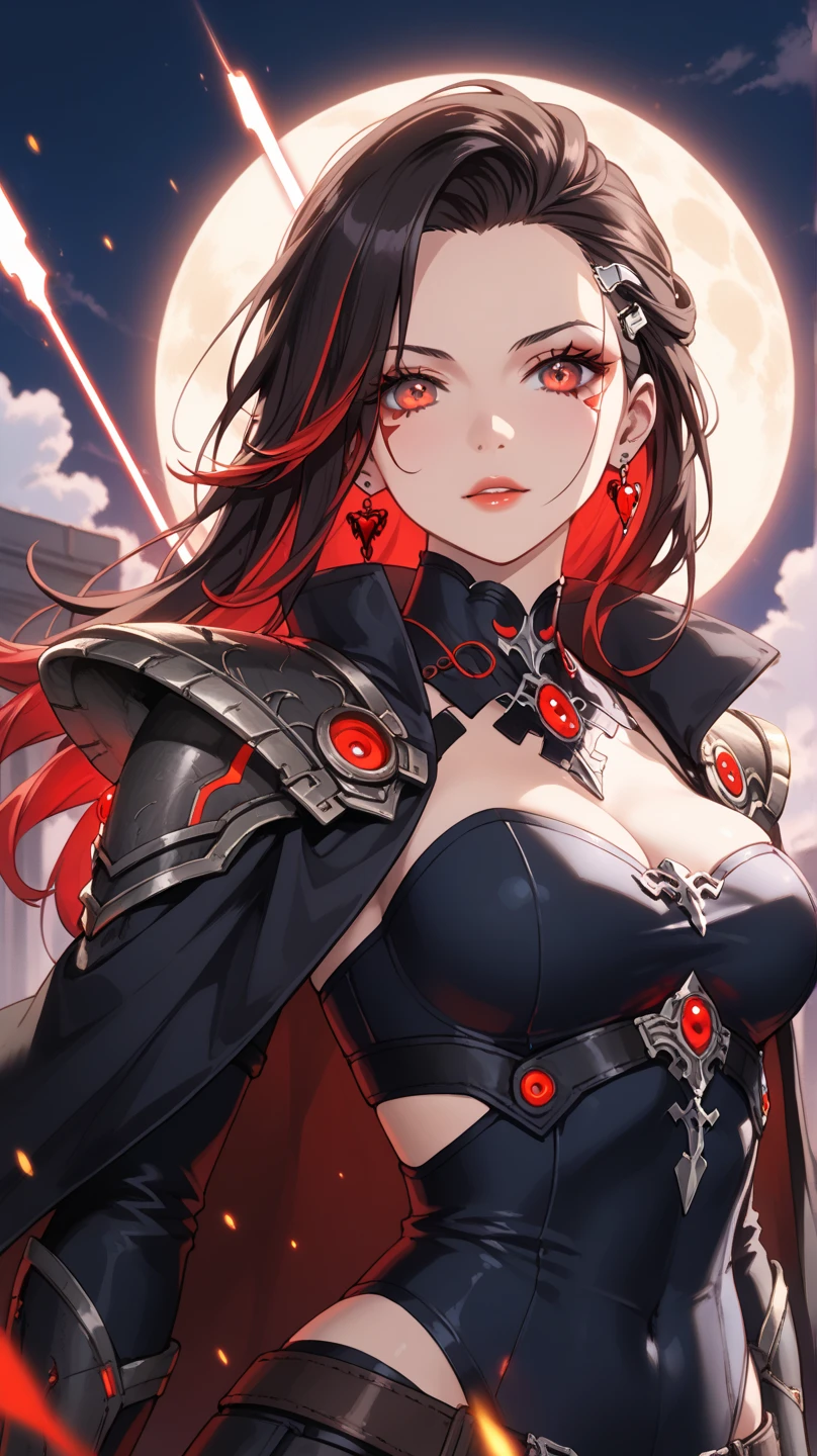 A fierce warrior, clad in sleek, ebony armor adorned with intricate crimson accents, stands defiantly on a precipice overlooking a sprawling, dystopian city. The warrior's crimson eyes blaze with determination, and their obsidian hair flows like a dark waterfall. The city below is a chaotic battleground, neon lights and smog painting a grim backdrop. The warrior's hand grips a gleaming, katana-like sword, poised for battle. Behind them, a crimson moon looms ominously in the smoky sky, casting an eerie glow. Best quality, intricate details, clean lines, eye-catching composition, soft tones, anime realism, capturing the essence of a lone hero's resolve against a world in turmoil, perfect illustration