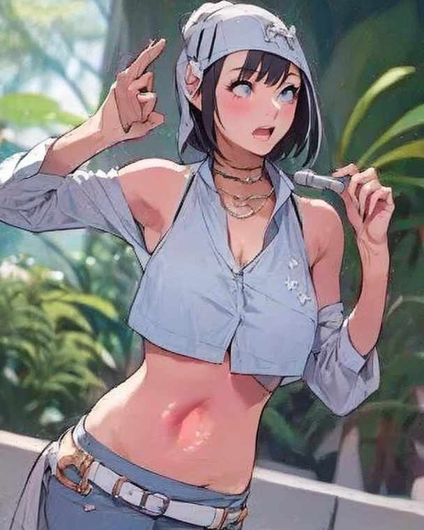 The face of the average idol of the Japan,and body shape, Smile, nipples, topless, navel, hotpants, nipple piercing, nipple chain, baseball cap, cowboy shot, cardboard and apartment background、moving company, ((sweat, steam)), masterpiece, extremely detailed, smoking cigarette, tongue out, long tongue, ahegao, rolling eyes, necklace, leg strap, collarbones, drooling, saliva, 1 side ponytail