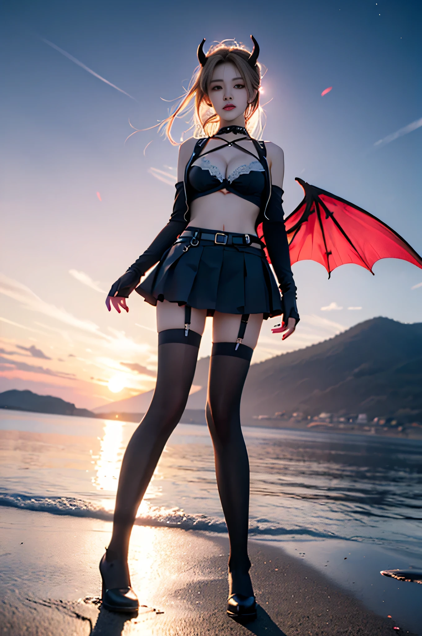 hllwngm outfit, pink visor cap, headset, black collar, pink demon wings, demon tail, demon horns, cropped jacket, open jacket, crop top, cleavage, suspenders , black detached sleeves, black fingerless gloves , pink layered miniskirt, black waist apron , brown thighhighs, black knee boots ,,((full body, from below)), (masterpiece, best quality, ultra-detailed, 8k), realistic, a beautiful long-legged model on a tropical beach, (I-type Valley), (Full , visible cleavage, very short skirt hem, exposed shoulders), (Tyndall Effect), (At night,:1.3 moonlight:1.3), standing in shallow water, one hand playfully lifting her hair, the other gently raising the hem of her flowing summer dress, pose, perfect and symmetrical leg , glistening water, soft natural lighting, (wind blowing gently:1.1), (ambient lighting:1.2), bokeh, cinematic shot, dynamic angle, professional photography, shallow depth of field, sharp focus, vibrant colors, (slightly tanned skin:1.1), (natural makeup:1.1), (delicate features:1.1), (ocean waves gently lapping at her feet:1.1)
