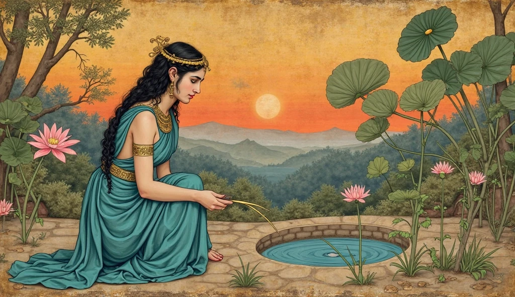 tmasterpiece，Ultra-high sharpness，A beautiful woman dressed in a sari walks over the edge of a lotus pond, The body is beautiful and attractive，The background is a dense jungle，In the distance, a prince came over， Bright colors, fantasy painting of,