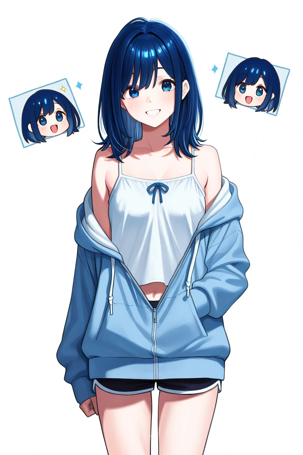 Highest quality,wonderful,finely,Highly detailed CG Unity 8k wallpaper, (1 Girl,Black Hair, blue eyes,short hair, Double Bang), (Small breasts:1.2), (Black T-shirt:1.1),  (clavicle:1.1), Shorts、Smiling Kindly、smile、 (Open your mouth to make the sound of the letter O:1.2), (zettai ryouiki:1.2),(narrow:1.2), (Are standing:1.2)、(((Solid white background)))、Facing the camera