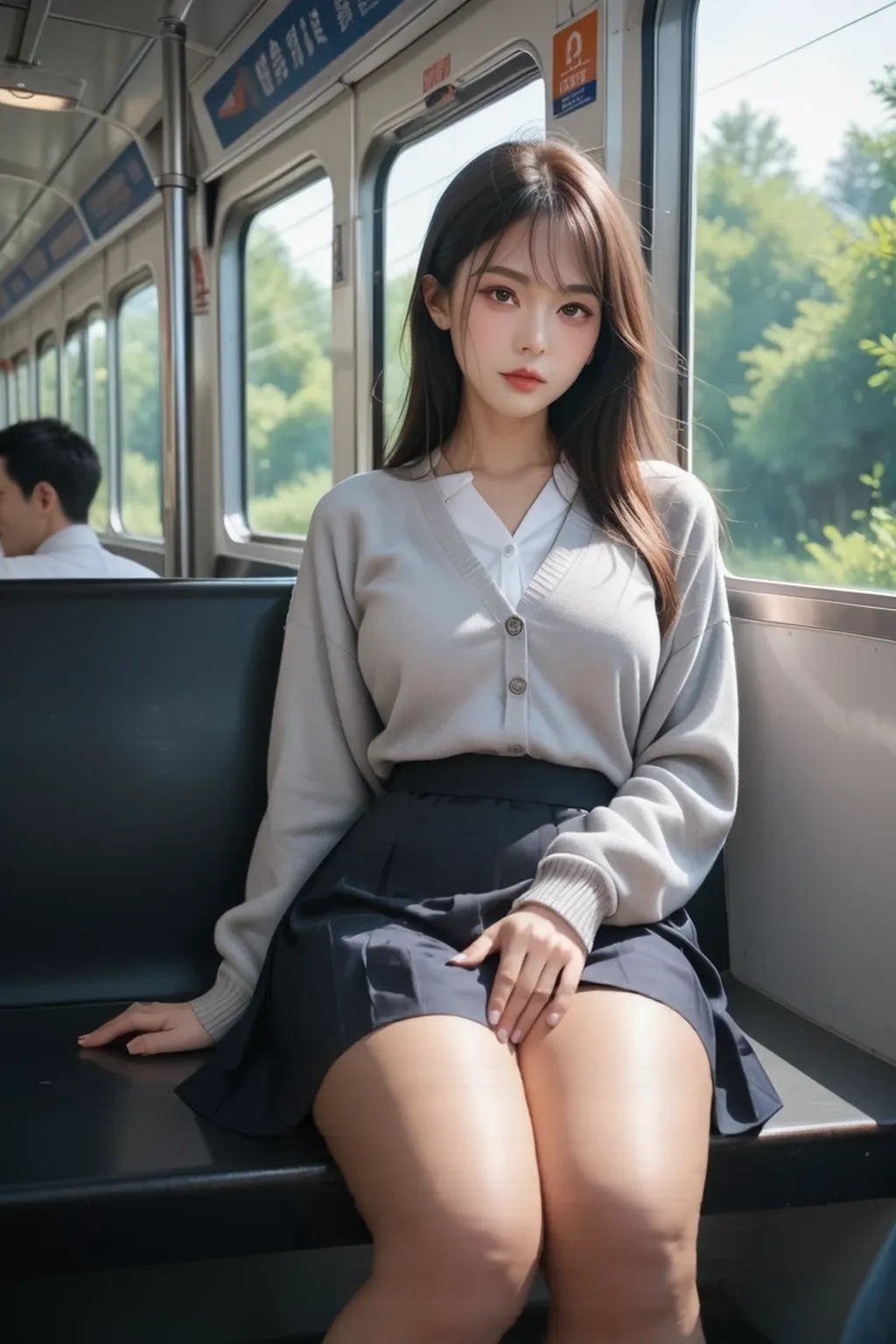 High angle shot, arafed asian woman in a short skirt and bow tie sitting on a train, cute schoolgirl, japanese girl school uniform, wearing japanese school uniform, japanese school uniform, a hyperrealistic schoolgirl, dressed as schoolgirl, hyperrealistic schoolgirl, wearing school uniform, realistic schoolgirl, girl wearing uniform, wearing a school uniform, of a schoolgirl posing, full body, nice skin, glowing skin, nice thighs,glowing thigh, glowing legs, barefoot