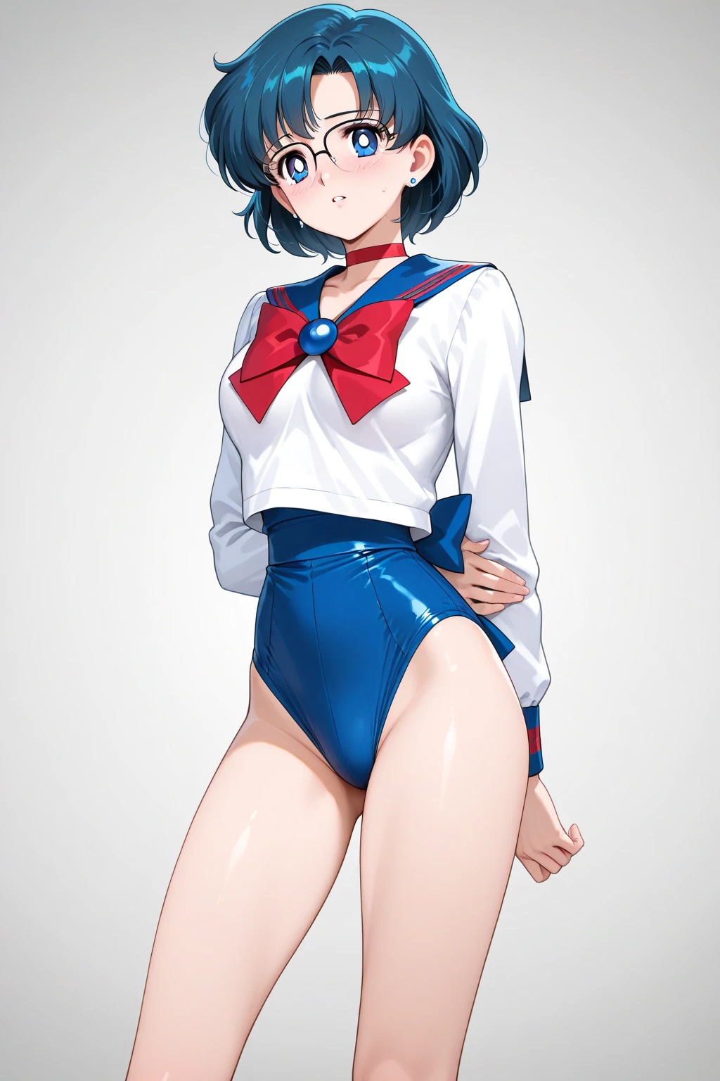 highest quality anime art、masterpiece、high definition anime art、アニメstyle4K、High resolution、sailor warrior uniform、anime boy、handsome boy、Male middle school student、Ami Mizuno、gender change、sailor mercury、gender change(girl to boy)、rating:safe、solo、blue sailor collar、sky blue bow tie、magical boy、blue choker、boy with very short blue hair、jewelry、skirt、earrings、white gloves、elbow bag、bow、Masculinization、blue knee boots、blue heel boots、blue skirt、circlet、blue eyed boy、back_bow、muscular and strong、white leotard、high leg leotard、white dress、boy with very short black hair、blue_bow、sky blue_bow、white_bow、strong muscles、a boy is standing、smile、mini skirt、pleated skirt、muscular man、photo、bare shoulders、bare legs、レトロなanime boy、retro anime images、cell shaded anime、Hymn to the King as a Prince、Full body close-up shot、anime dick、soft lighting、male focus、(1990s(style):0.9)、