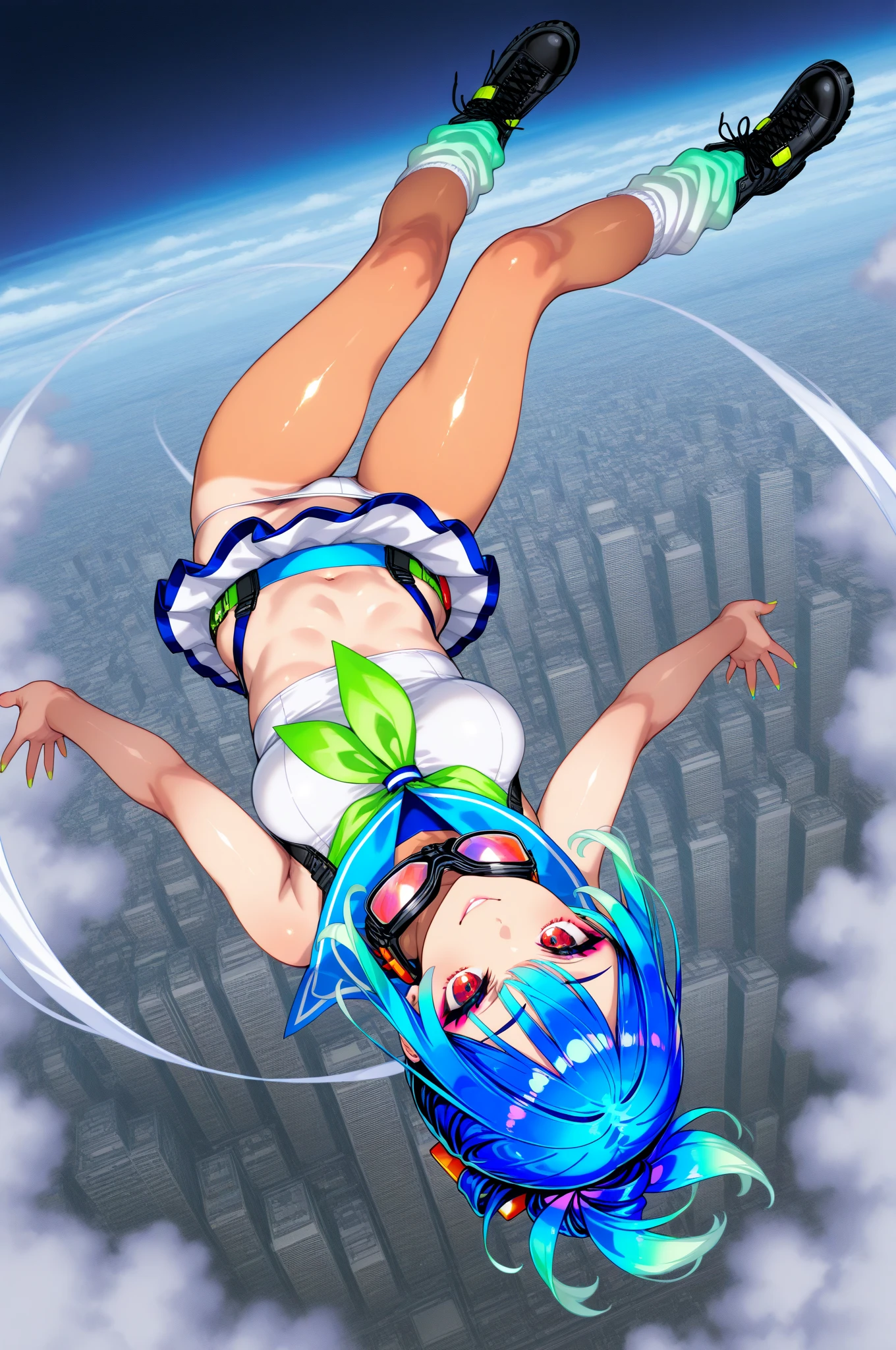 floating in the air, midair, upside-down, skydiving, 1 meter high, outdoors, smile politely, long hair, revealing leotard, young girl