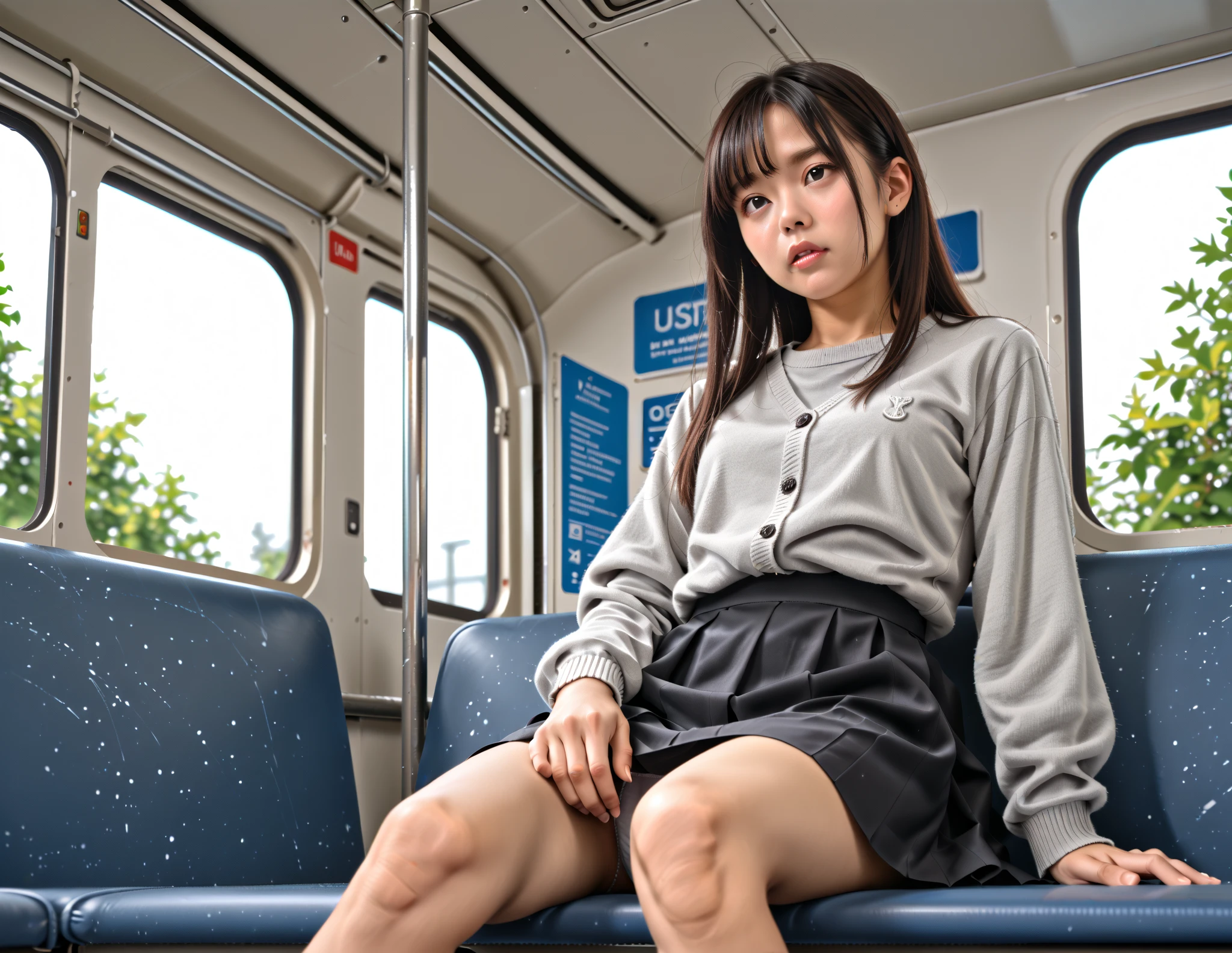 A girl in a short skirt with no panties, tying her shoe inside a yellow train, the camera is attracted to her