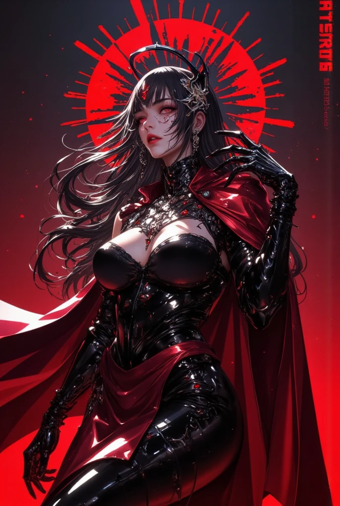 handsome older WOMAN,crimson-eyes,crimson pupils,Long black hair,Hyperresolution,accuracy,Detailed rendering,(Subtle facial image)(Image of fine hair)(topquality)(Masterpieces of masters)(High degree of completeness)(A sense of atmosphere)tmasterpiece,Super detailed and super detailed(portrait), long wavy black hair, (((tHICK WAVY HAIR)))(((ANKLE LENGTH HAIR))) (((Sakimichan))) (((black hair))) (((Latex black fight outfit))) (((Hair in ponytail))) (((skinny))) (((Latex black fight suit)))(((Stoic expression)))(((Black cloak)))