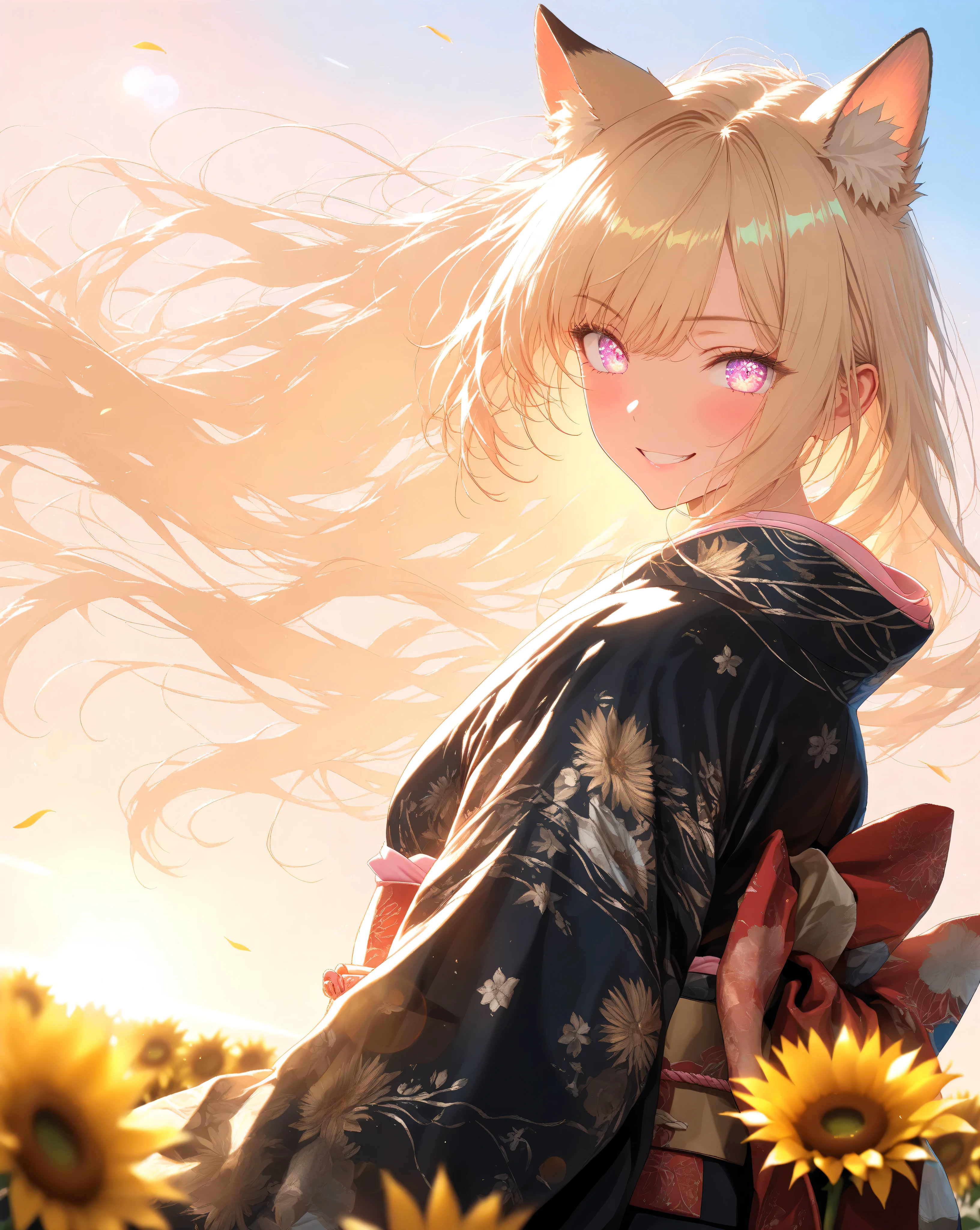 Quality: 
(high score), (masterpiece, detailed:1.2), (ultra-detailed), (ultra-quality), (super-resolution),

Art Style: 
(photorealistic):1.4, (2.5D):1.5, (golden hour lighting):1.6, (warm cinematic lighting):1.5, (volumetric light rays):1.4, ray tracing, depth of field, (vibrant sunset pastel palette):1.3, dramatic angle, (ethereal atmosphere):1.2, (dreamy aesthetic):1.1

Subject:
(close up),(Breathtaking fox Woman):1.5,(Sassy Look back pose):1.4,(triumphant-grin):1.4,(determined expression), (delicate fox ears):1.3,(delicate fox tail):1.3,
(delicate vivid eyes),(delicate and moisturized lips),(smooth and Slender body lines):1.3, (translucent and moisturized skin), (graceful knee lines), (natural and beautiful leg lines), (delicate body contours),
(blonde hair with Soft Light):1.2, shimmering with digital light, meticulously detailed strands of hair, silky smooth texture, flowing like it flutters in the wind, natural shading and highlights

Outfit:
(black kimono with gold floral patterns):1.6, (soft chiffon kimono fabric):1.4, (golden obiage):1.3, (red obijime):1.3, (wide golden fukuro obi with floral pattern):1.4, (traditional zori sandals)
(kimono with floral patterns),
wide obi with string accents,
kimono with draped sleeves,
subtle red accents on the kimono lining/collar,
thin red ribbon in hair

Background : 
(Sunset gradient sky):1.5, (warm orange to golden yellow gradient), (soft pastel colors), (field of sunflowers in the foreground):1.4, (sunflowers facing the sunset), (detailed sunflower petals and stems), (bokeh effect on sunflowers):1.3, (shallow depth of field), (distant rolling hills):1.2, (softly blurred background), (golden hour lighting):1.6, (warm and soft light), (lens flare), (subtle rays of sunlight):1.1, (dust particles in the air),
(iridescent butterfly (soft glowing trails left by butterflies)
