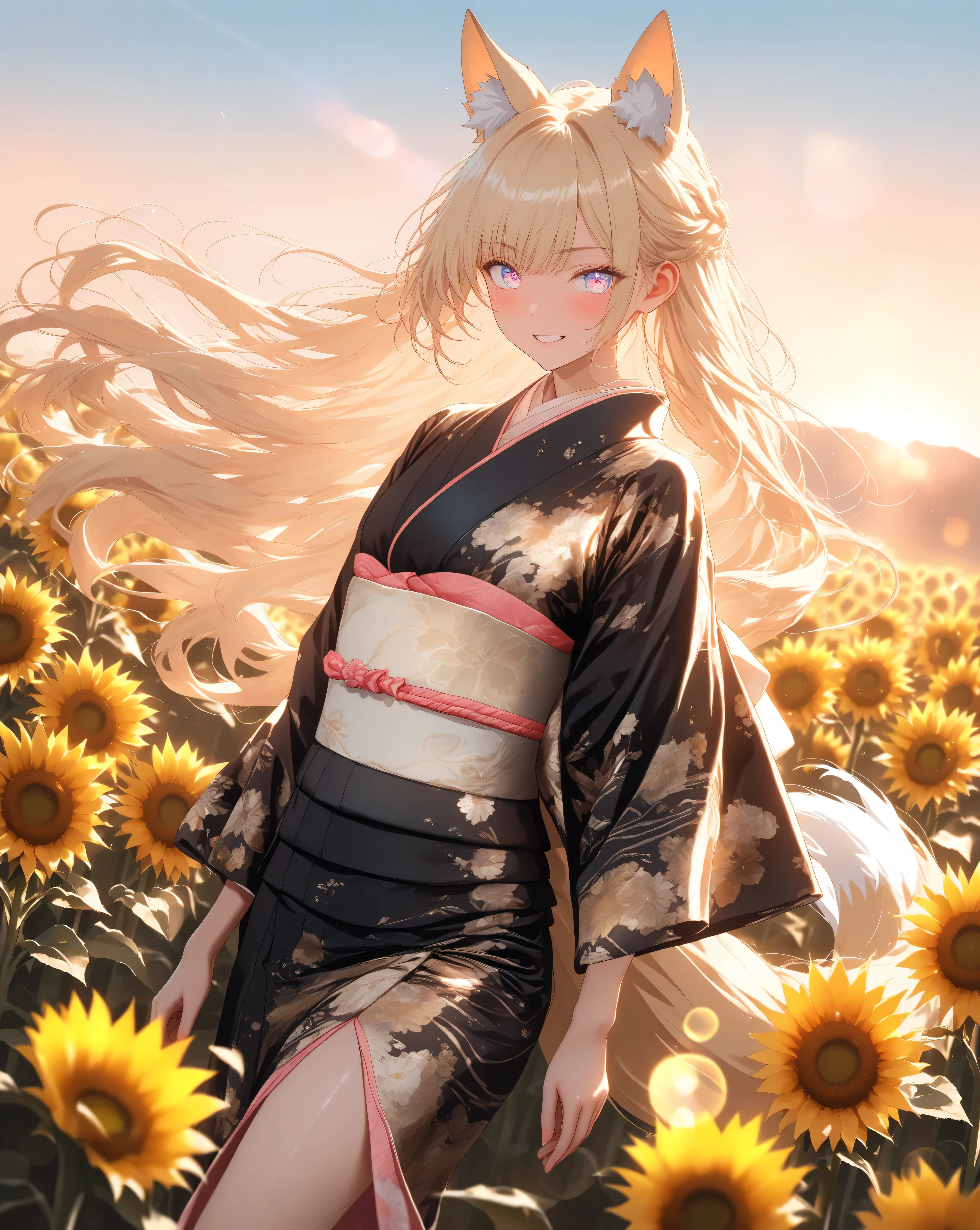 Quality: 
(high score), (masterpiece, detailed:1.2), (ultra-detailed), (ultra-quality), (super-resolution),

Art Style: 
(photorealistic):1.4, (2.5D):1.5, (golden hour lighting):1.6, (warm cinematic lighting):1.5, (volumetric light rays):1.4, ray tracing, depth of field, (vibrant sunset pastel palette):1.3, dramatic angle, (ethereal atmosphere):1.2, (dreamy aesthetic):1.1

Subject:
(close up),(Breathtaking fox Woman):1.5,(Sassy walking pose):1.4,(triumphant-grin):1.4,(determined expression), (delicate fox ears):1.3,(delicate fox tail):1.3,
(delicate vivid eyes),(delicate and moisturized lips),(smooth and Slender body lines):1.3, (translucent and moisturized skin), (graceful knee lines), (natural and beautiful leg lines), (delicate body contours),
(blonde hair with Soft Light):1.2, shimmering with digital light, meticulously detailed strands of hair, silky smooth texture, flowing like it flutters in the wind, natural shading and highlights

Outfit:
(black kimono with gold floral patterns):1.6, (soft chiffon kimono fabric):1.4, (golden obiage):1.3, (red obijime):1.3, (wide golden fukuro obi with floral pattern):1.4, (traditional zori sandals)
(kimono with floral patterns),
wide obi with string accents,
kimono with draped sleeves,
subtle red accents on the kimono lining/collar,
thin red ribbon in hair

Background : 
(Sunset gradient sky):1.5, (warm orange to golden yellow gradient), (soft pastel colors), (field of sunflowers in the foreground):1.4, (sunflowers facing the sunset), (detailed sunflower petals and stems), (bokeh effect on sunflowers):1.3, (shallow depth of field), (distant rolling hills):1.2, (softly blurred background), (golden hour lighting):1.6, (warm and soft light), (lens flare), (subtle rays of sunlight):1.1, (dust particles in the air),
(iridescent butterfly (soft glowing trails left by butterflies)