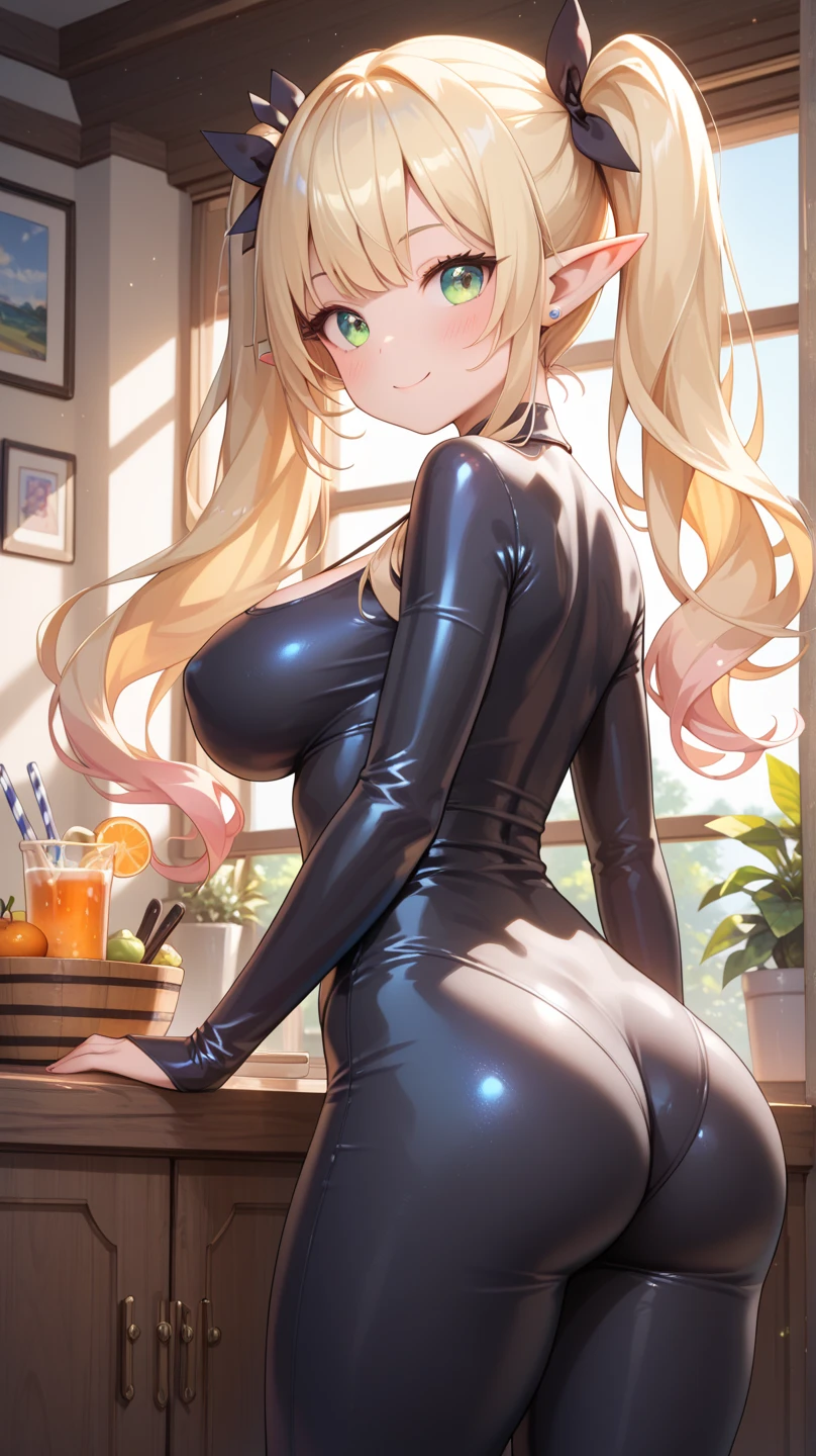 ((high detailed, best quality, 4k, masterpiece, hd:1.3)), Rosalina, blue eyes, BREAK blue eyes, seductive, attractive, sexy smile, smiling, smooth anime cg art, 36C breasts, long legs, vivid colors, detailed digital art, slim body, perfect skin, blonde hair, hair over one eye, long hair, BREAK crown, cleavage, 36C cleavage, looking at viewer, BREAK looking at viewer, extremely detailed face, golden dress, shiny golden dress, golden dress with sparks, earrings, star earrings, jewelry, gem, dark black makeup lips, dark gothic eyeshadows, dark eyeshadows, black eyeshadows, black sexy lips, black lips, (dark:1.2), dark lips, very dark lips, (perfect hands, perfect anatomy), black makeup, black medium lips, black thick lips, detailed fingers, five fingers per hand, 5 fingers, (1 girl), detailed lips, detailed black lips, black painted lips, gothic painted lips, BREAK night, night sky, sky, star \(sky\), star \(symbol\), space, sun, (breast focus), (arms behind back:1.2), (from below:1.1), (breasts out:1.3), (off shoulder:1.1), (((With your back turned:1.5, Looking Back Pose))), ((Looking back)), (from behind: 1.1)