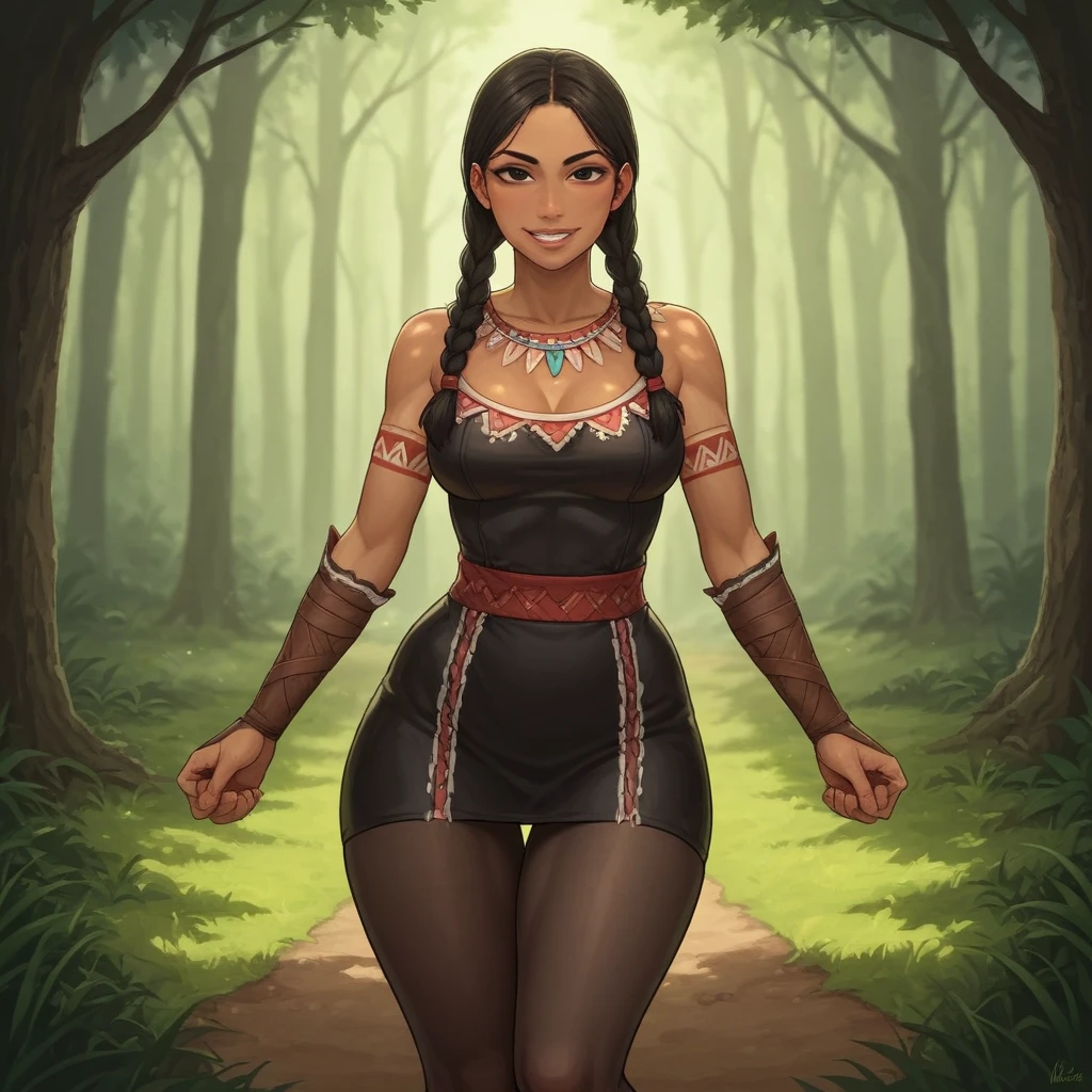 High resolution ultra detailed photography of a native American European multiracial 40 year old woman, woman has a tall body and long legs and a curvy figure, the woman's hairstyle is three long braids and the sides of the head are shaved bald, hair color is black and orange, clothing is a Maxi corset dress made of silk and lace fabric embroidered with many tribal symbols, model pose is dancing, standing frontally to the camera looking into the camera, photo background is a forest at night with glowing lights, big and lots of tribal tattoos